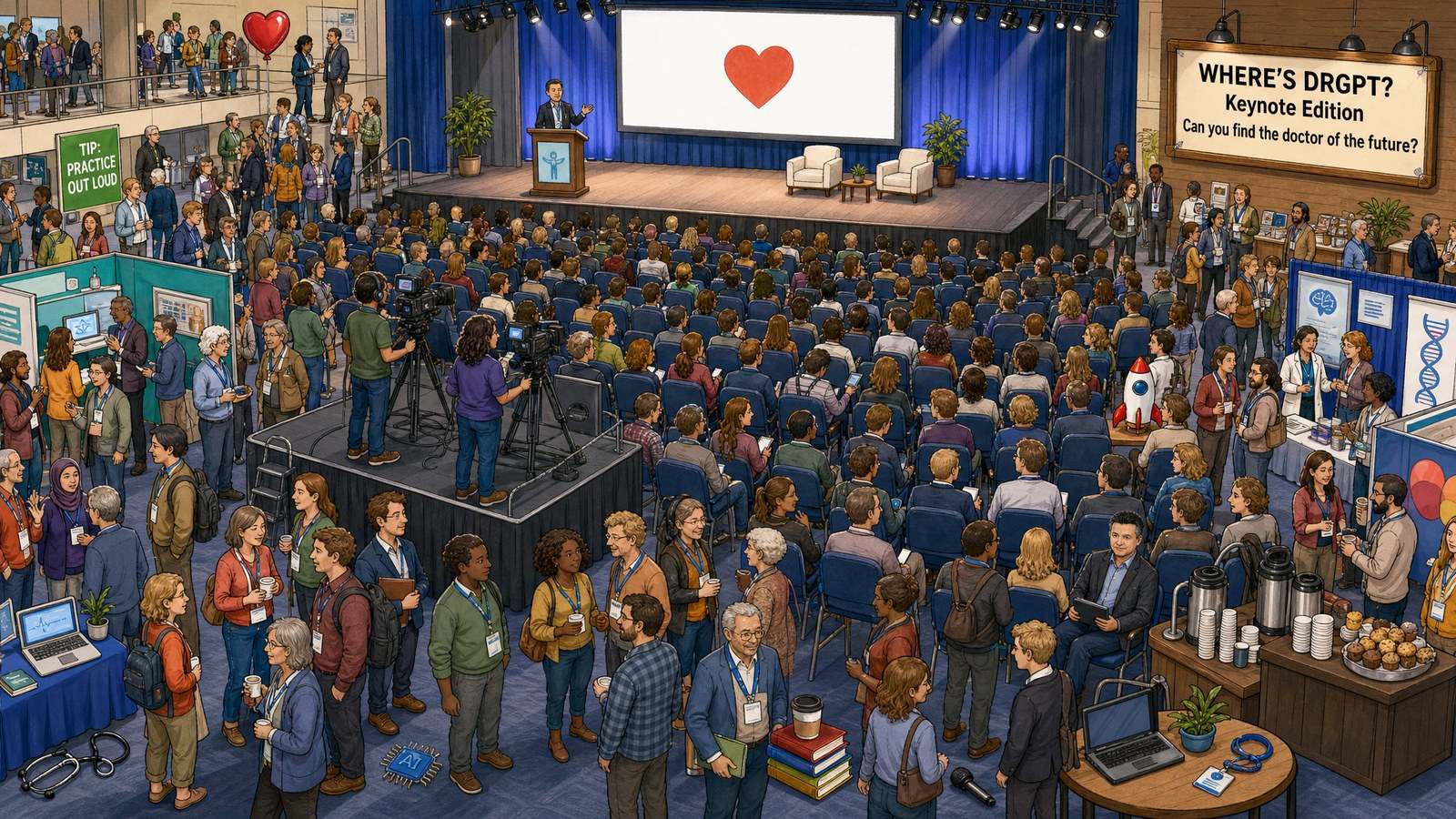 Hand-drawn hidden-object illustration of a big healthcare conference: a keynote stage with a heart on the screen, rows of audience seats, a camera riser and exhibitor booths. A sign reads "Where's DrGPT? Keynote Edition" and a green sign reads "Tip: Practice out loud."